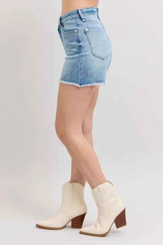 Judy Blue Full Size High Waist Western Embroidery Detail Cut Off Denim Shorts Plus Size