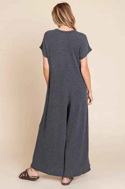 BOMBOM Rib Knit Jumpsuit with Button Detail