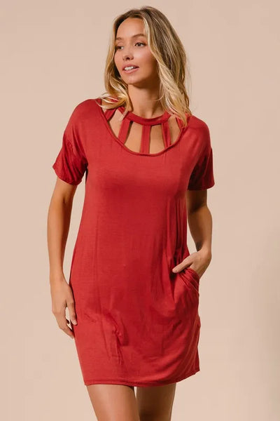 Mini T-Shirt Dress with Front Cutout and Pockets