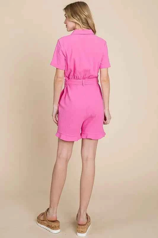 Lime 'N' Chili Collared Button Down Romper with Tie Belt