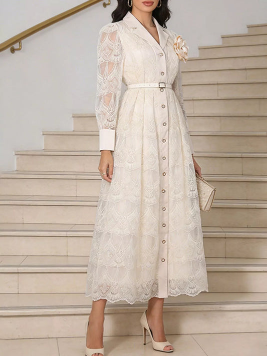 Lace Button-Front Midi Dress in White