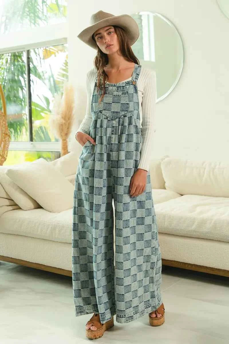 BiBi Washed Vintage Checker Wide Legs Overalls