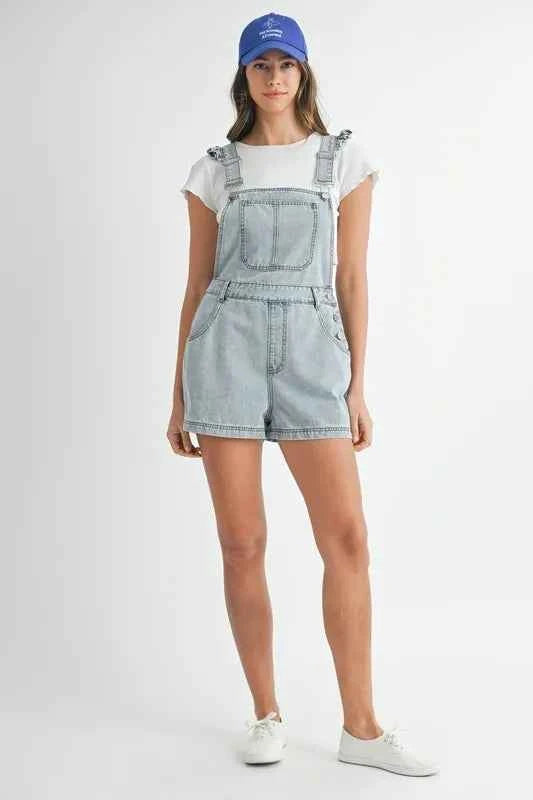 MABLE Square Neck Ruffle Shoulder Denim Overall Romper