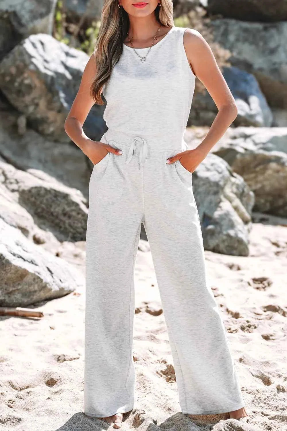 Solid Color Crew Neck Drawstring High Waist Sleeveless Jumpsuit