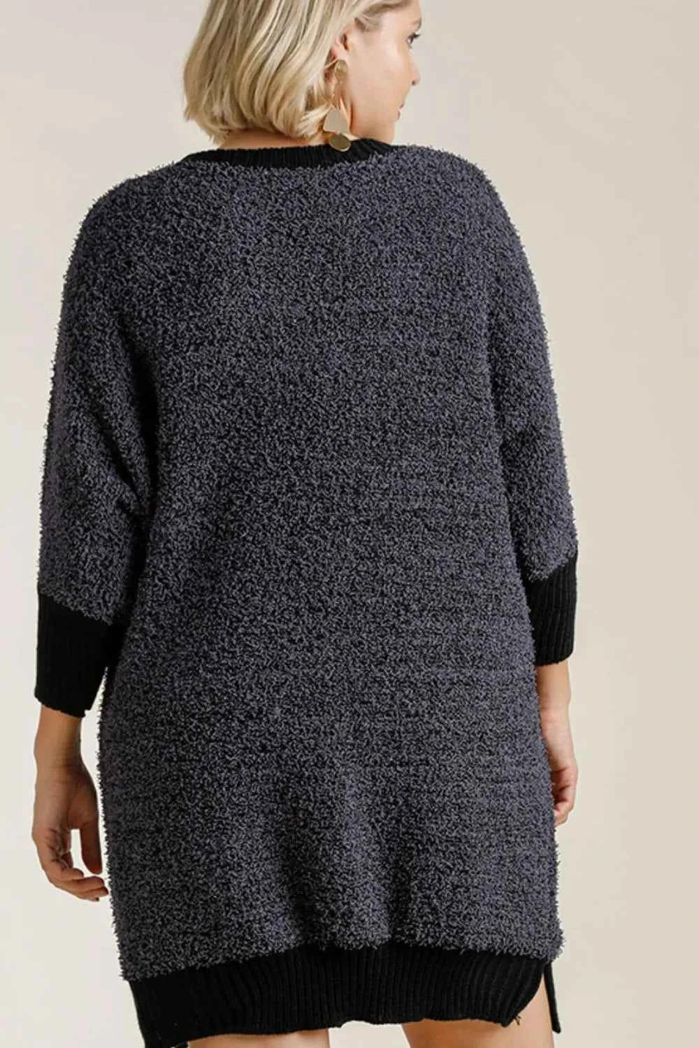 Umgee Full Size Ribbed Hem Round Neck 3/4 Sleeve Sweater Dress with Pockets Plus Size