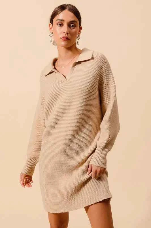 SO ME Ribbed Knit Collar Neck Dress