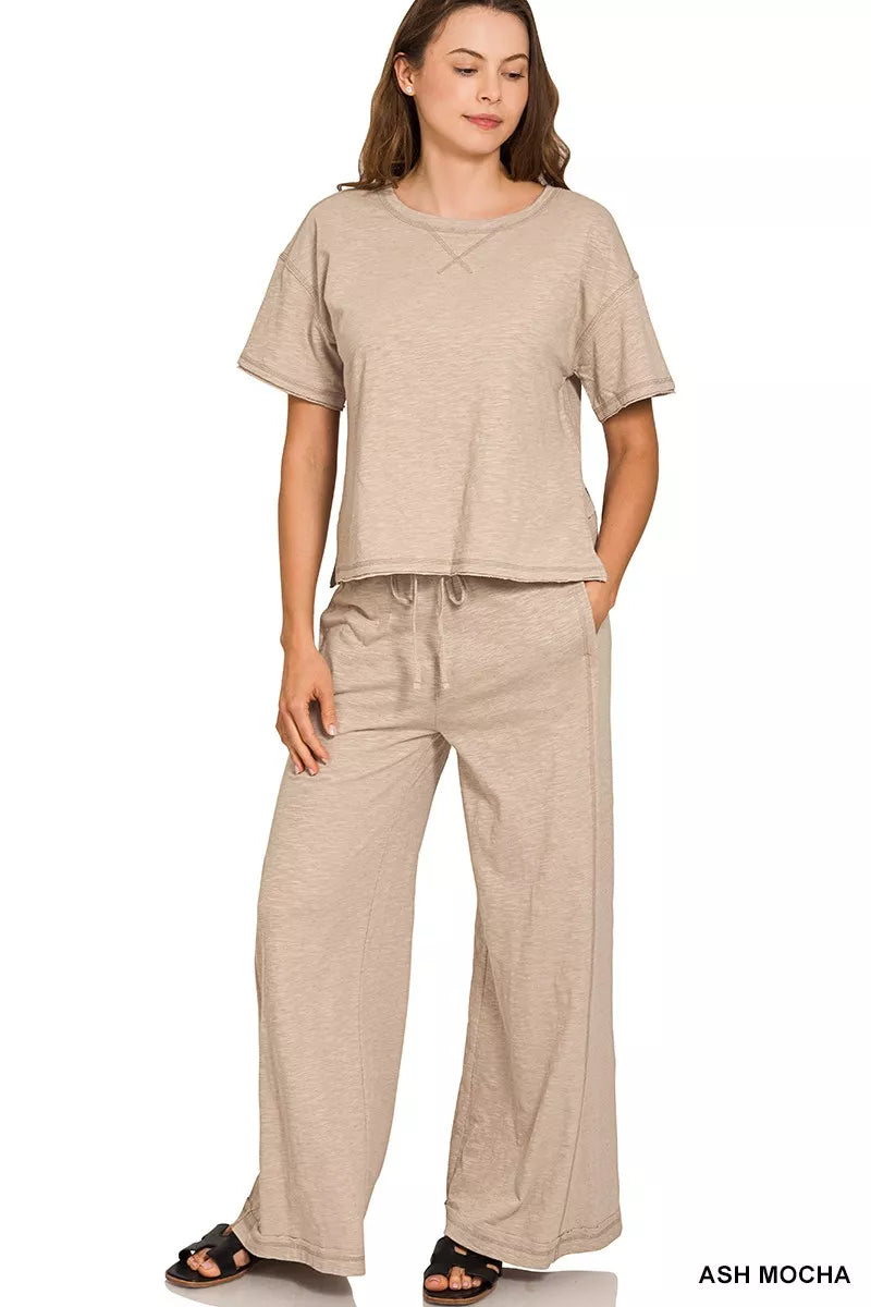 Cotton Slub Short Sleeve Tee and Pants Set in Ash Mocha — Livostyle