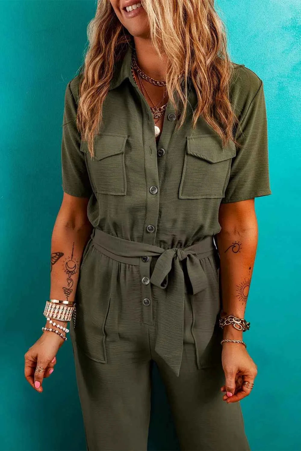 Half Button Belted Utility Short Sleeve Jumpsuit