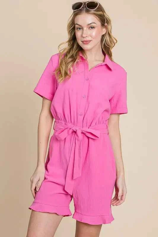 Lime 'N' Chili Collared Button Down Romper with Tie Belt