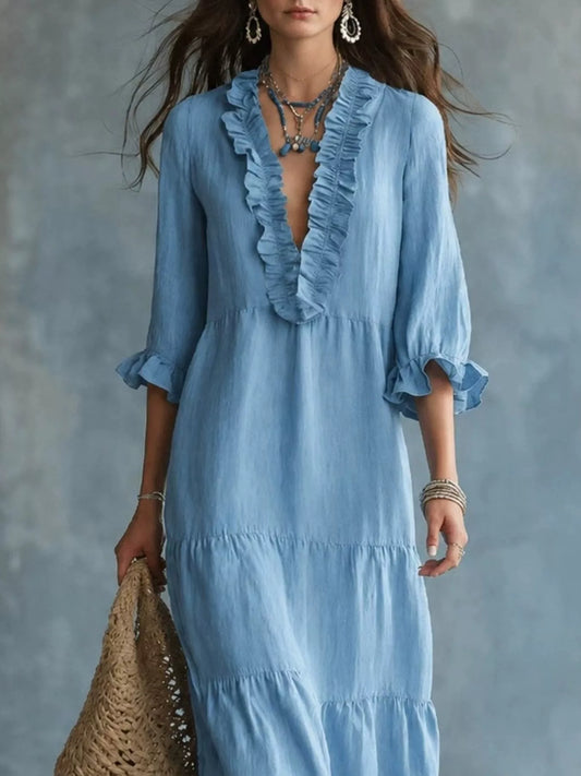 Ruffled V-Neck Tiered Ruched Maxi Dress