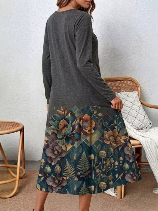 Floral Print Long Sleeve Midi Dress with Pockets – Plus Size