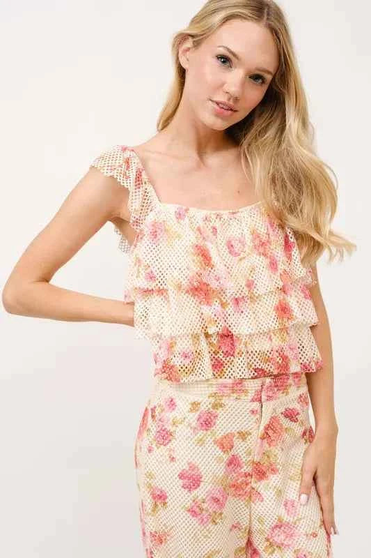 And The Why Fishnet Floral Printed Crop Pants