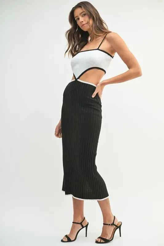 MABLE Ribbed Knit Color Block Cutout Midi Dress