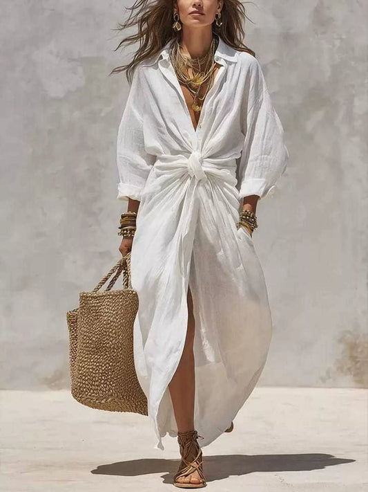 Front-Tie Maxi Shirt Dress in White