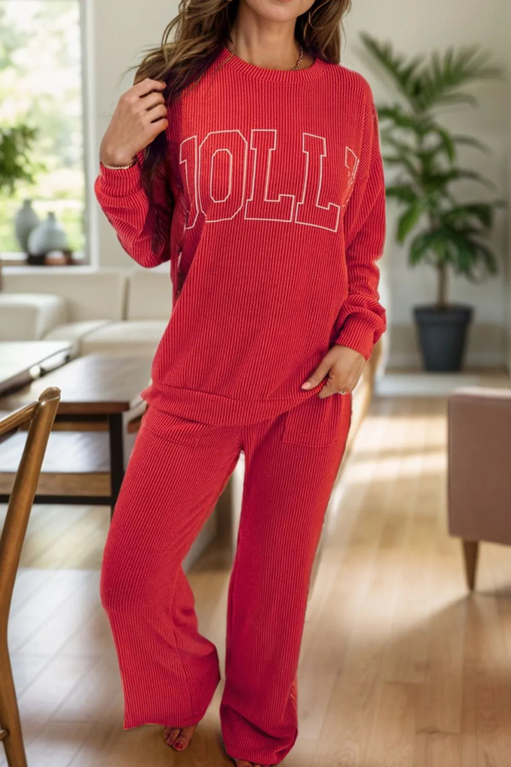 JOLLY Round Neck Long Sleeve Top and Pants Lounge Set — Livostyle