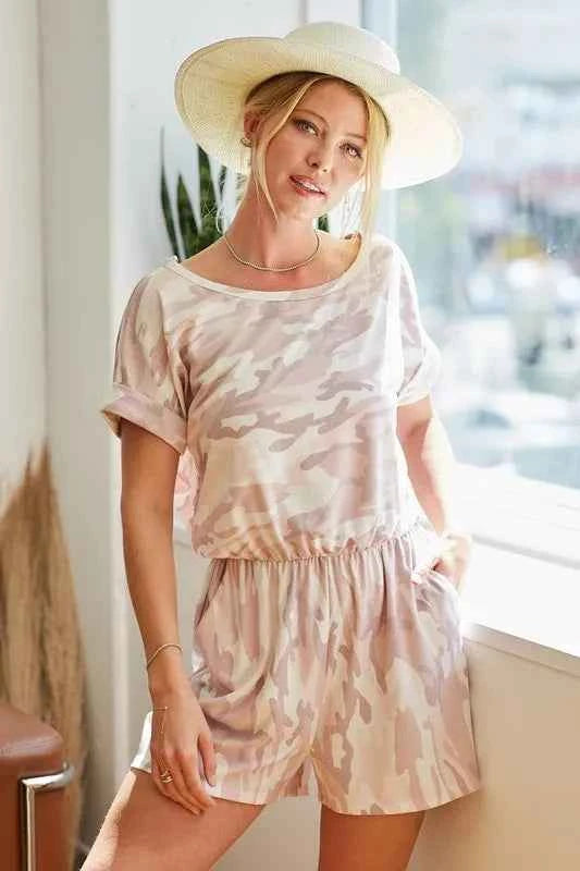 BiBi Camo Print French Terry Romper with Side Pockets