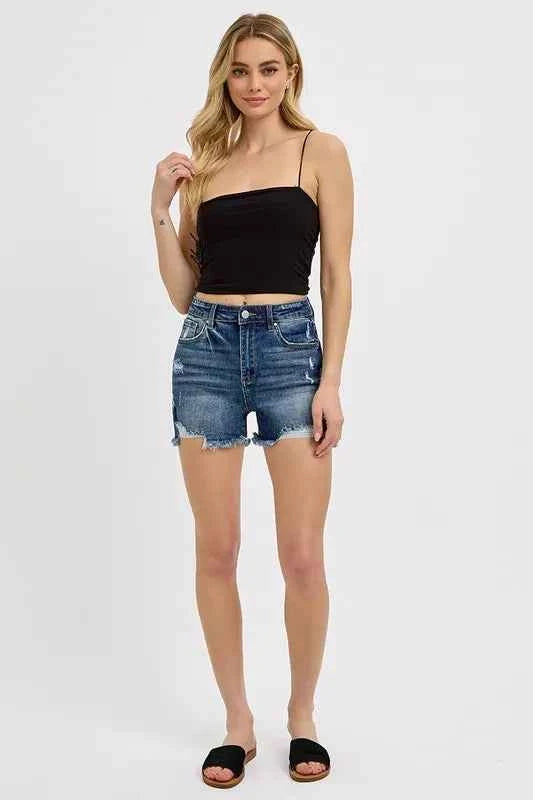 RISEN Distressed Raw Hem Denim Shorts
