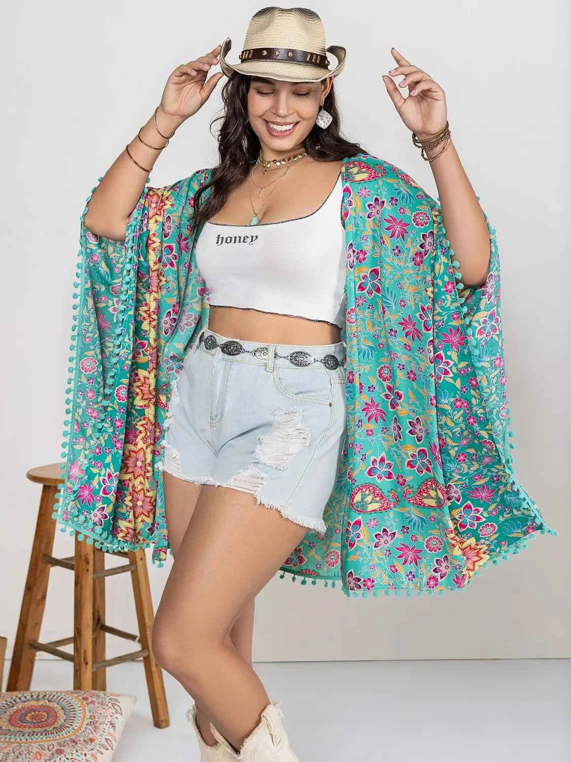 Plus Size Printed Open Front Cover-Up