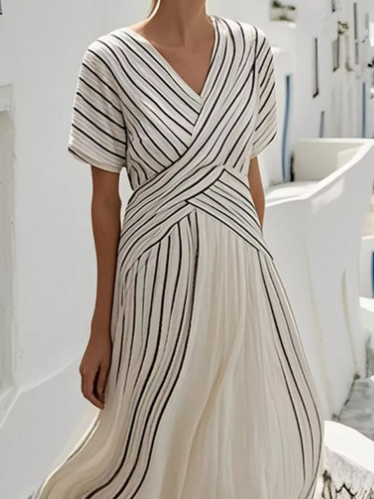 Striped Short Sleeve Wrap Maxi Dress with Pockets – Plus Size