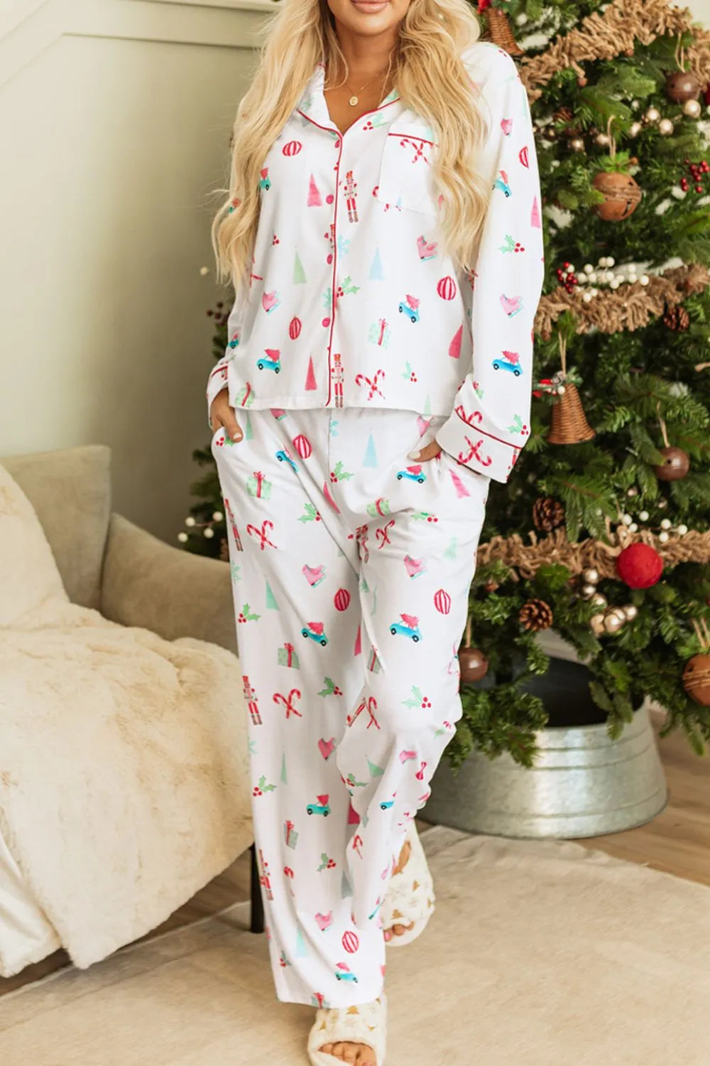 Christmas Printed Collared Neck Top and Pants Lounge Set — Livostyle
