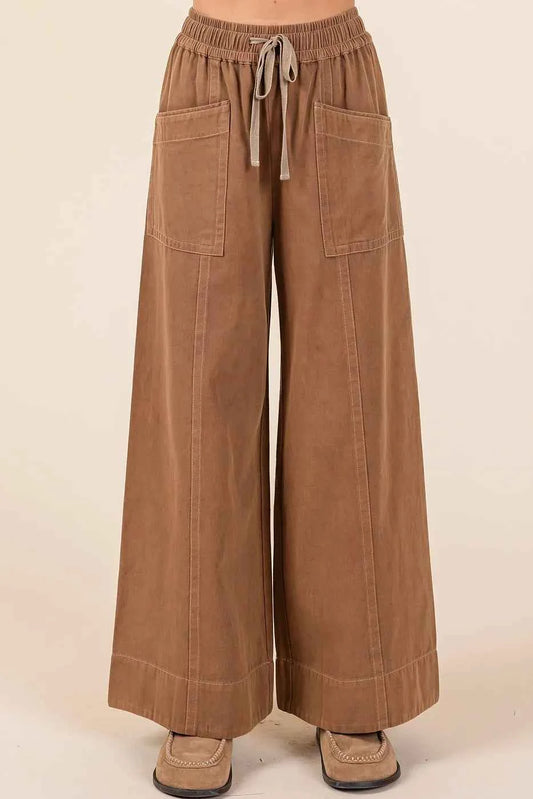 Mittoshop Mineral Wash Wide Leg Elastic Waist Twill Pants