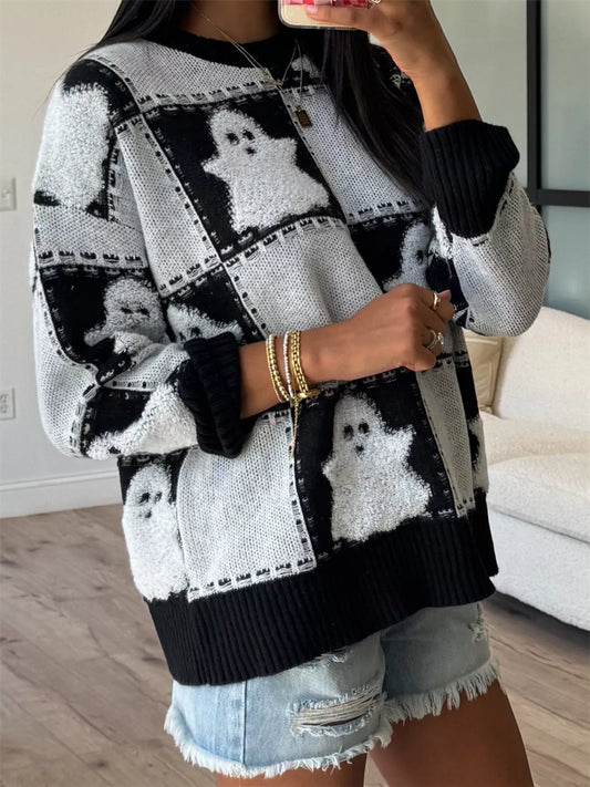 Halloween Ghost Checkered Drop Shoulder Sweater detail — Livostyle