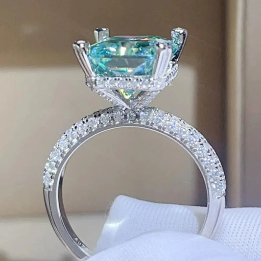 5 Carat Moissanite 925 Sterling Silver Ring — Mint Green Pav — square view — Livostyle