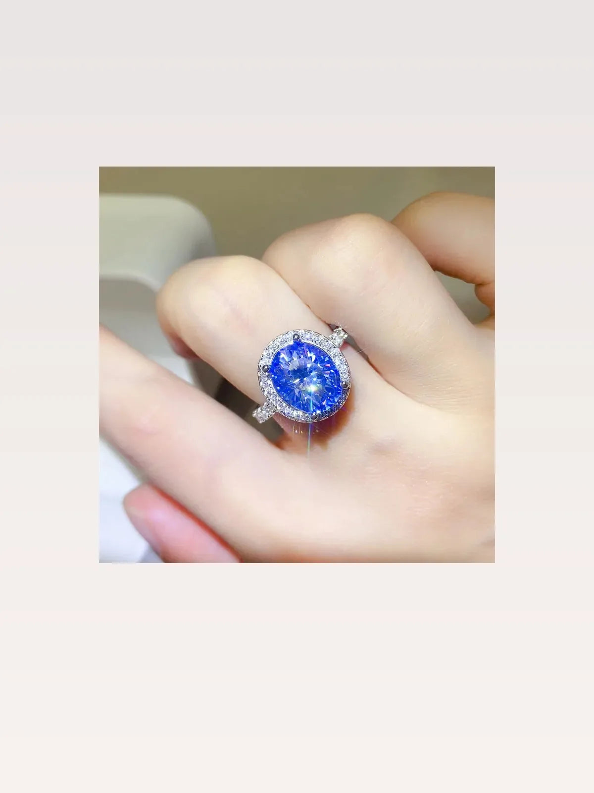 5 Carat Moissanite 925 Sterling Silver Ring — Oval Blue Halo — styled showcase — Livostyle
