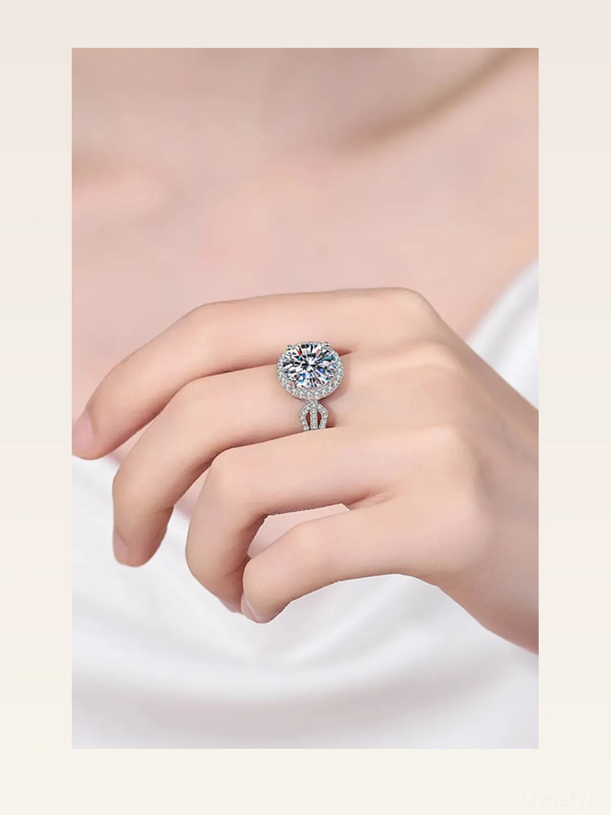 5 Carat Moissanite 925 Sterling Silver Ring — Round Halo Pro — styled showcase — Livostyle