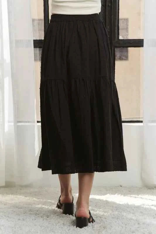 ADORA Elastic Waistband Tiered Midi Skirt