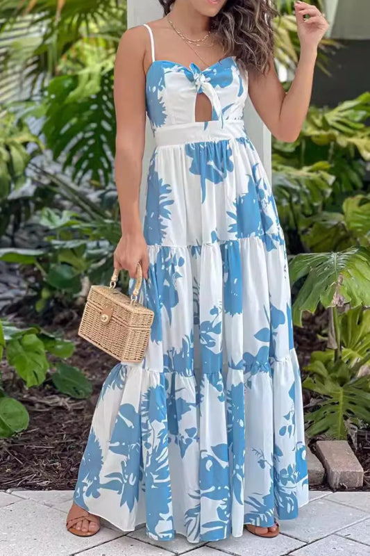 Sweetheart Neck Cutout Tiered Maxi Dress with Tie