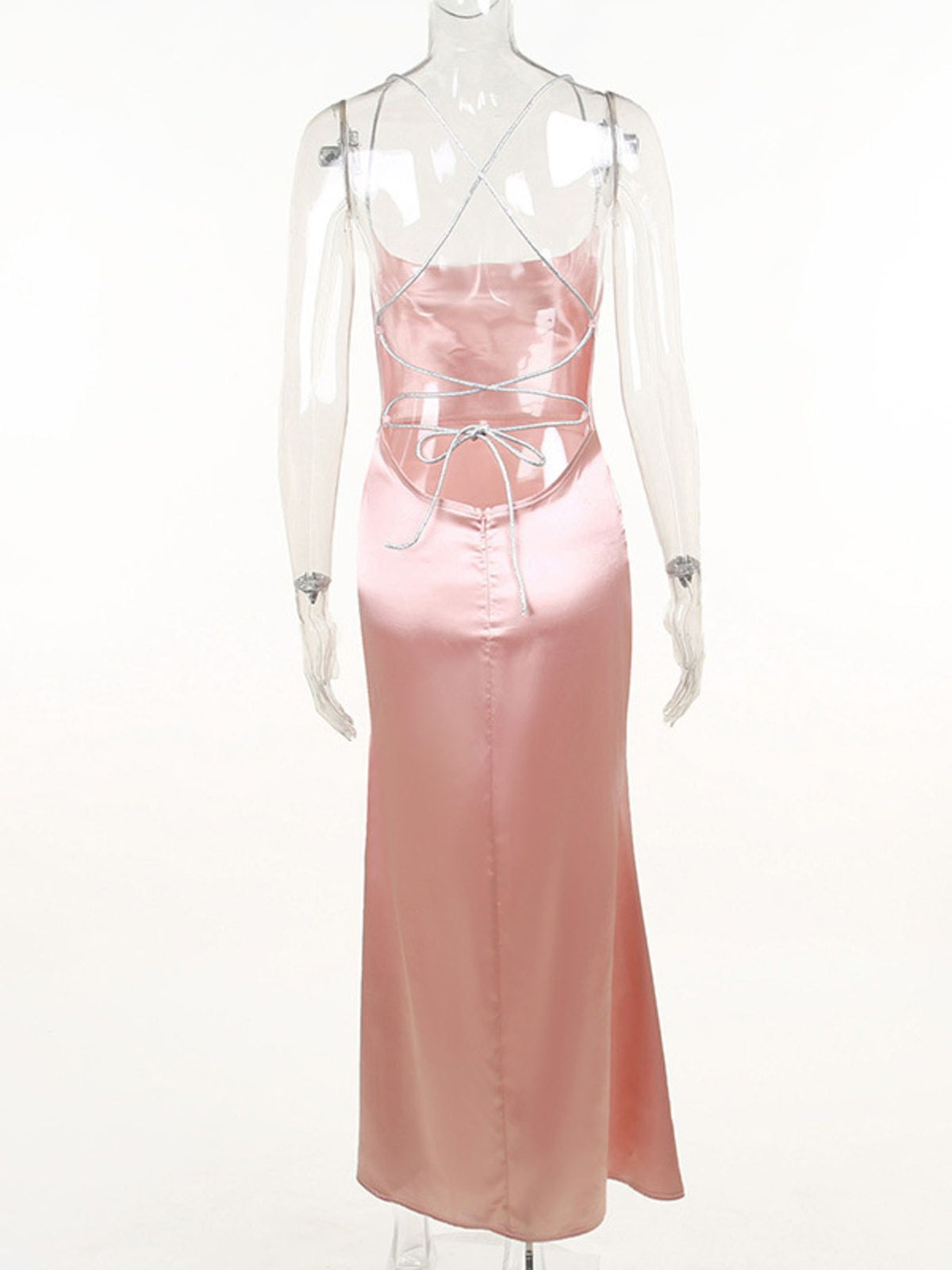 Slinky Satin Cowl Neck High-Slit Dress with Lace-Up Back – photo 10