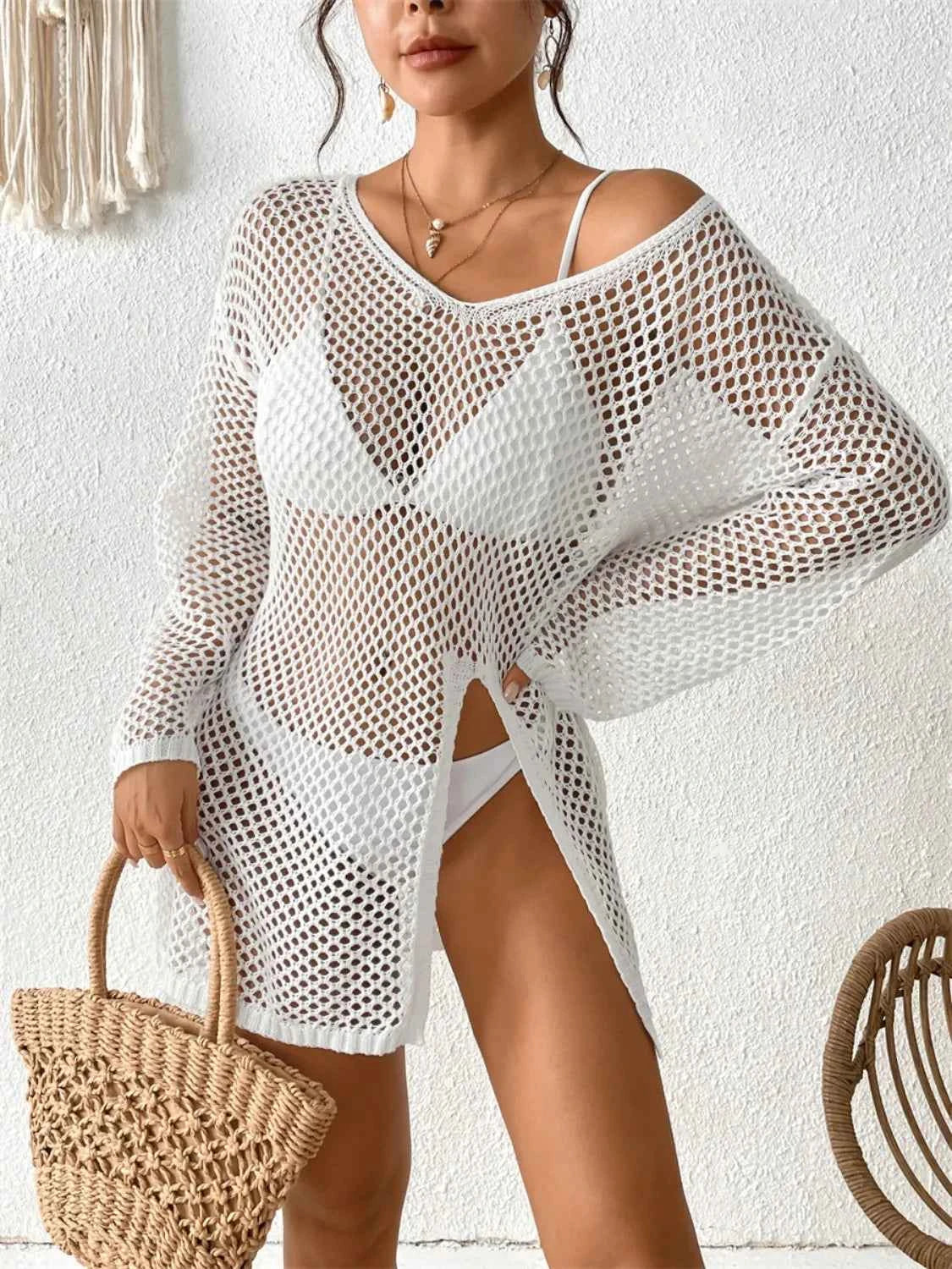 Openwork V-Neck Slit Cover-Up