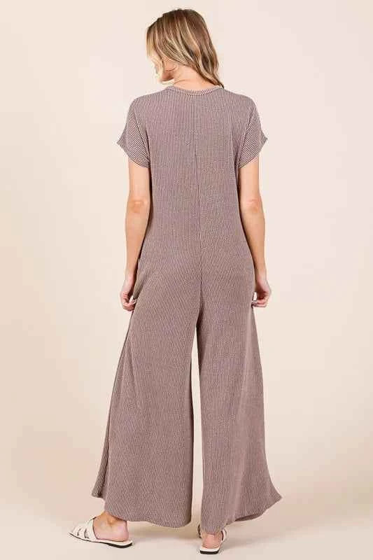 BOMBOM Rib Knit Jumpsuit with Button Detail