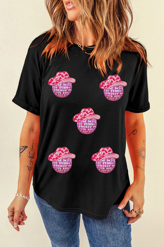 Cowboy Hat Disco Ball Patched Round Neck T-Shirt detail — Livostyle