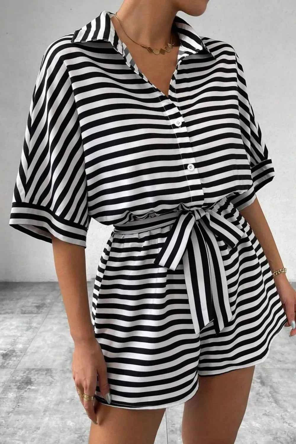 Striped Collared Neck Tie Waist Romper