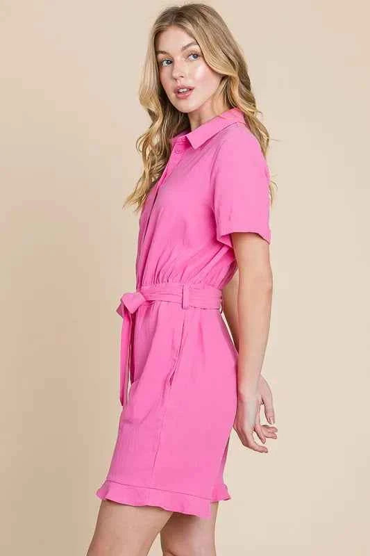 Lime 'N' Chili Collared Button Down Romper with Tie Belt
