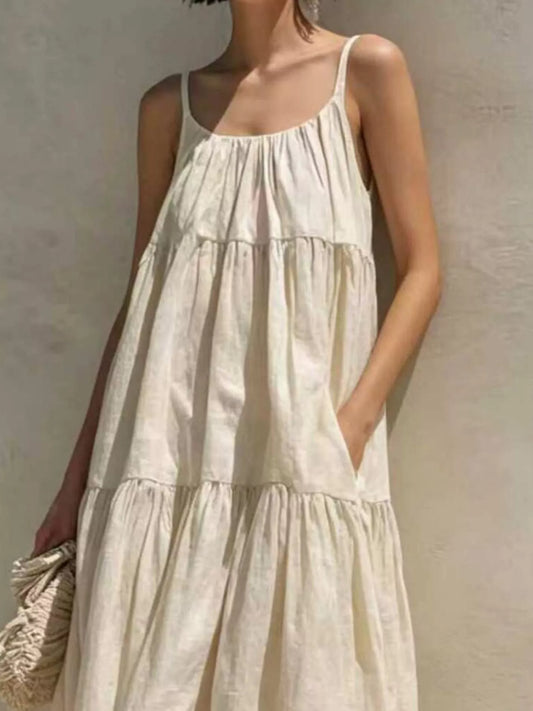 Tiered Scoop Neck Maxi Dress with Pockets in Beige