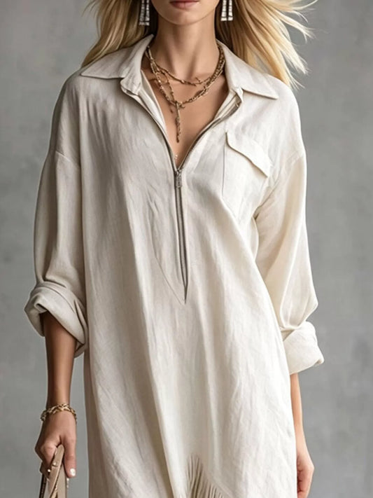 Zipper-Front Fringe Hem Midi Dress with Pockets