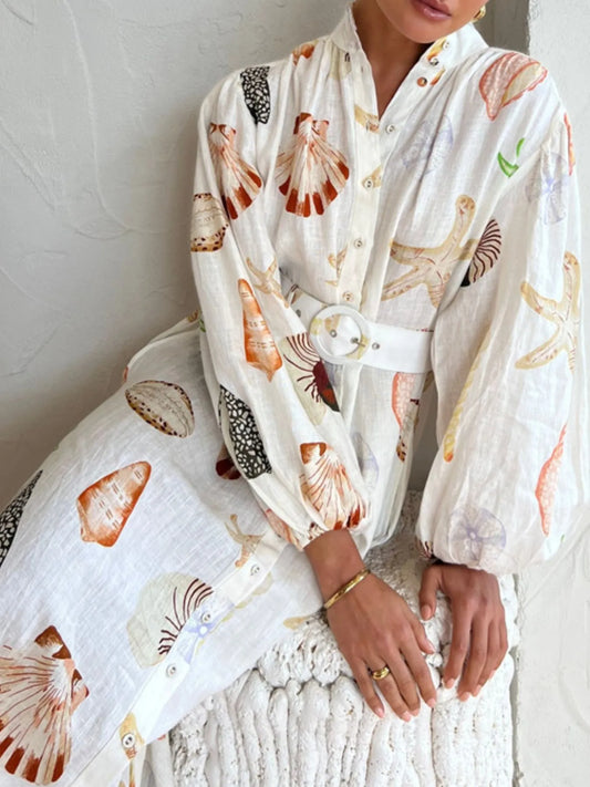 Printed Balloon Sleeve Maxi Shirt Dress with Tie
