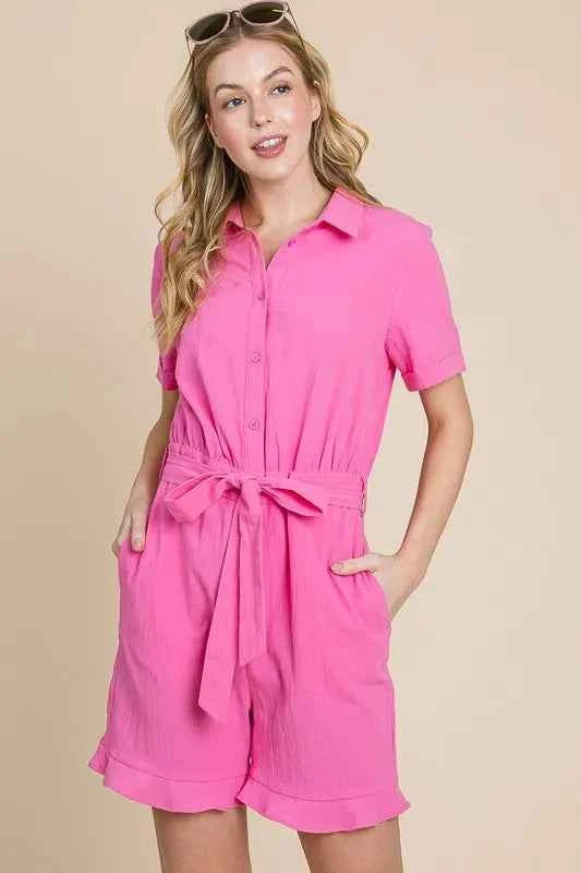 Lime 'N' Chili Collared Button Down Romper with Tie Belt