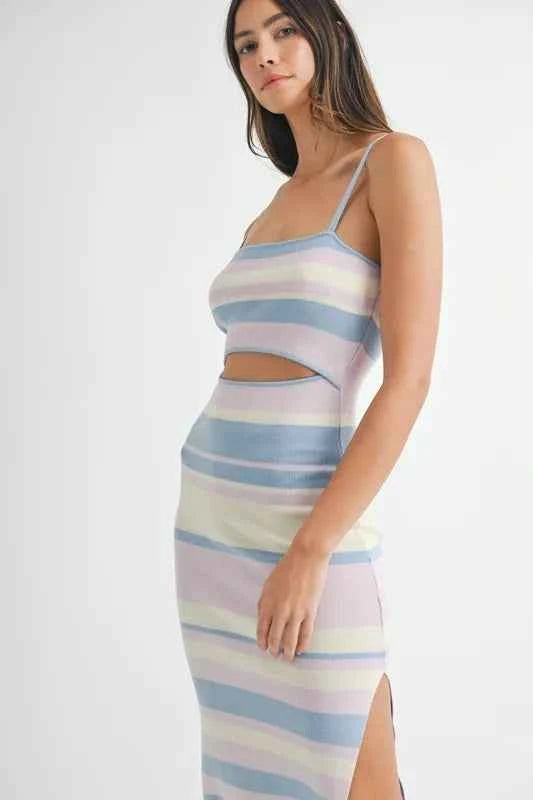 MABLE Multi Color Striped Front Cutout Knit Midi Dress