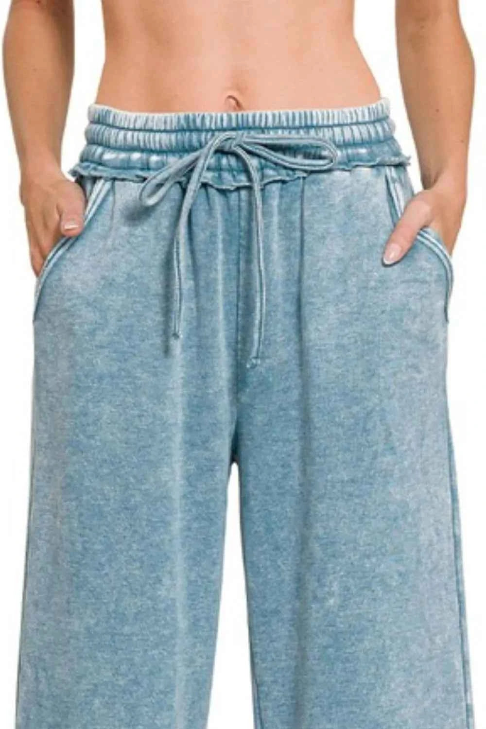 Zenana Acid Wash Fleece Palazzo Sweatpants with Pockets