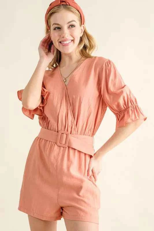 And The Why Flounce Sleeves Romper with Belt