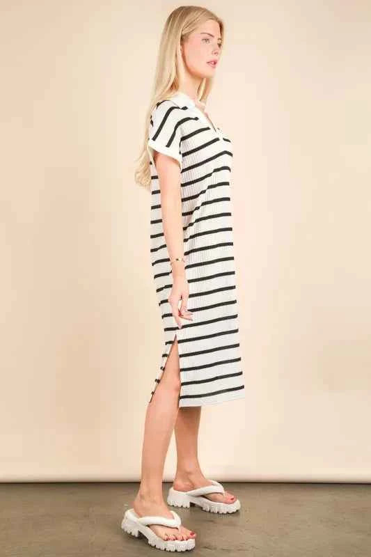 VERY J Oversized Collared Striped Knit Midi Dress