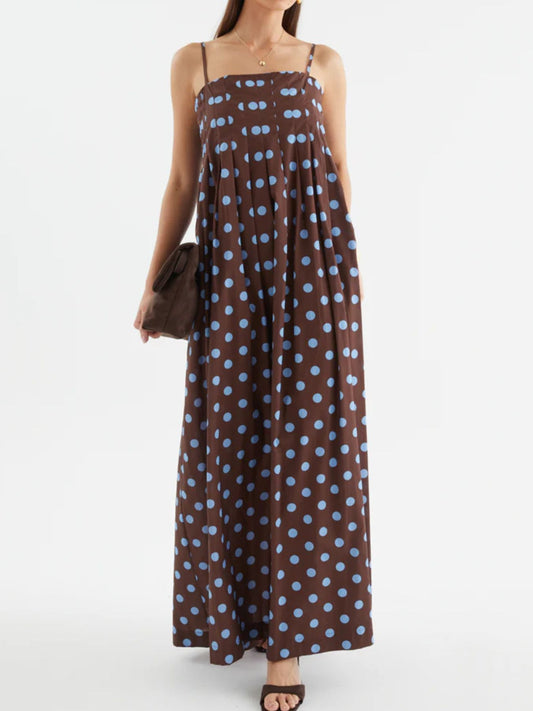 Polka Dot Smocked Pleated Maxi Dress