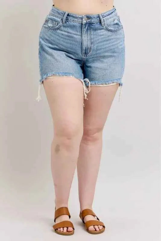 Judy Blue Plus Size HW Rigid Magic Destroy Cut Off Denim Shorts