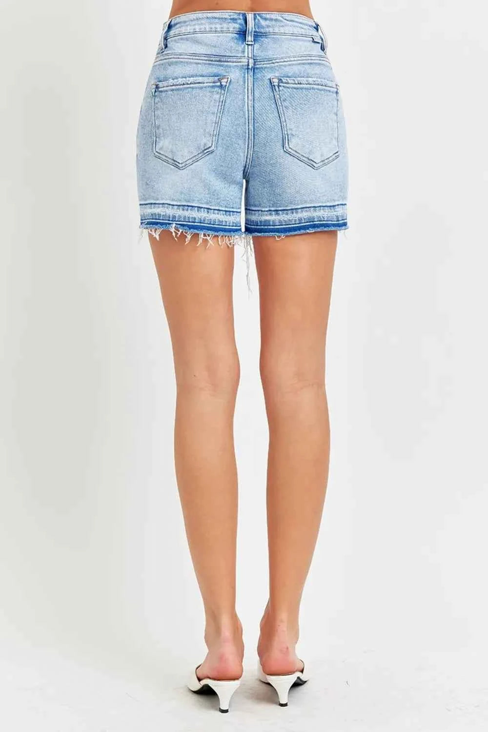 RISEN High Rise Distressed Hem Denim Shorts
