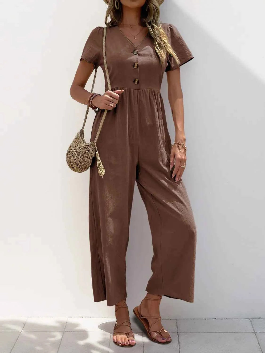 V-Neck Short Sleeve Wide Leg Jumpsuit — Livostyle