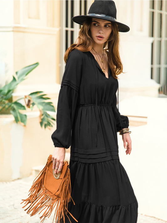 Tie Neck Long Sleeve Tiered Midi Dress